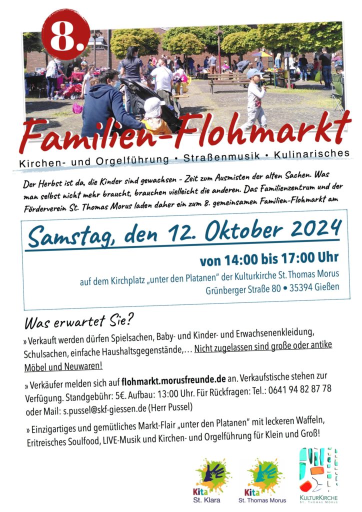 Ankündigung Familien Flohmarkt Kultur Kirche Thomas Morus 12. Oktober 2024 14-17 Uhr