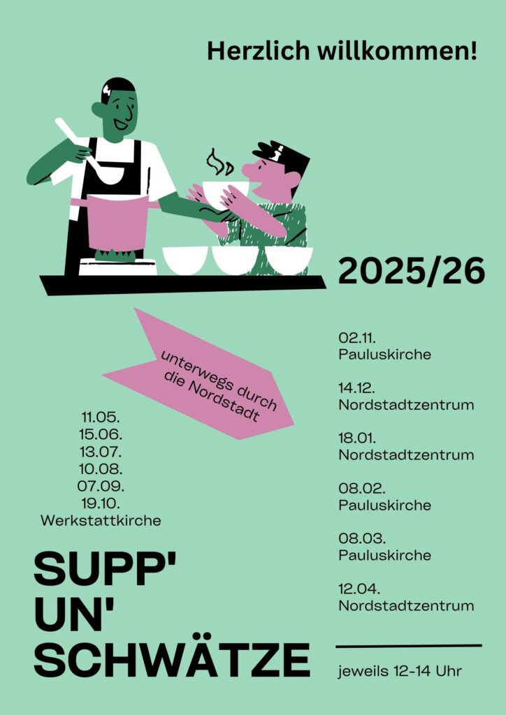 Plakat für die Reihe "Supp un Schwätze" für das Jahr 2025/26 mit den Terminen